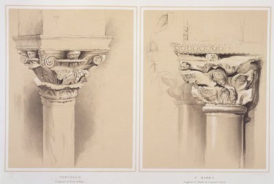 Torcello，Nave Pillar的首都和St. Mark&39;s，来自Central Porch的资本，来自John Ruskin的“威尼斯建筑的典范”，由G. Rosenthal雕刻，1851年 作者 约翰·拉斯金