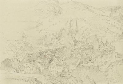 从上方俯瞰卢塞恩，1861 年 10 月至 12 月（石墨与浅灰色编织纸上的笔墨接触） 作者 约翰·拉斯金