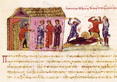 修士忏悔者圣塞奥法尼斯 (Saint Theophanes the Confessor，c.759-818) 和学者圣西奥多 (Saint Theodore the Studite) (759-826) 受皇帝塞奥菲尔之命鞭打，微型《历史概要》，c.1126-1150 作者 约翰·席利兹
