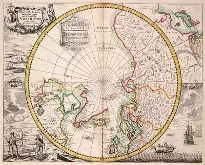带北极圈的极地投影地图，约 1680 年（彩色雕刻） 作者 约翰·塞勒