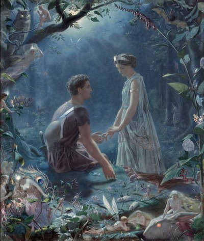 仲夏夜之梦》--赫米亚和莱桑德，《仲夏夜之梦》--约翰-西蒙斯（1823-1876）著 作者 约翰·西蒙斯