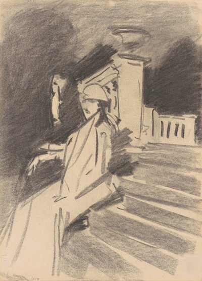 在喷泉，托拉洛尼亚别墅，弗拉斯卡蒂，1907年（编织纸上的木炭） 作者 约翰·辛格·萨金特
