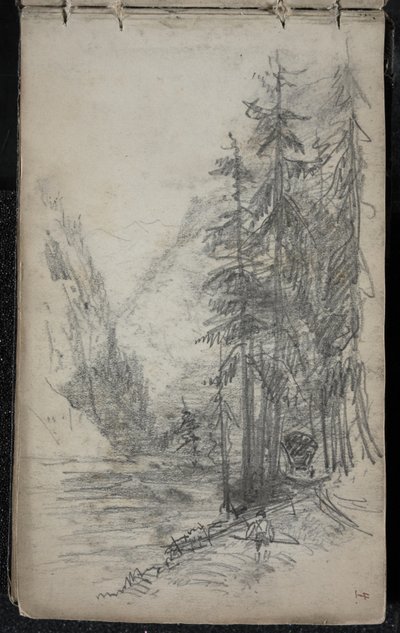 山地景观与树木，1871年至72年（石墨在黑暗的白色编织纸上） 作者 约翰·辛格·萨金特