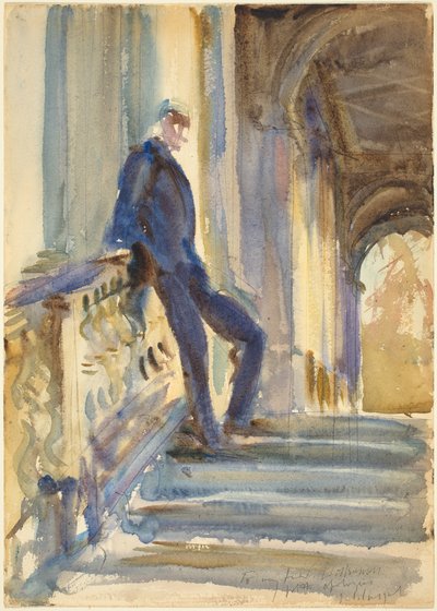 内维尔-威尔金森爵士在威尔顿府的帕拉迪奥桥的台阶上 作者 John Singer Sargent