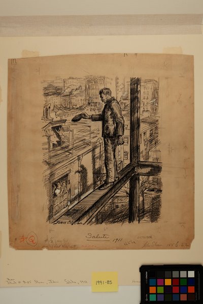 敬礼，约 1911 年（纸上墨水、木炭和锌白颜料） 作者 约翰·弗伦奇·斯隆