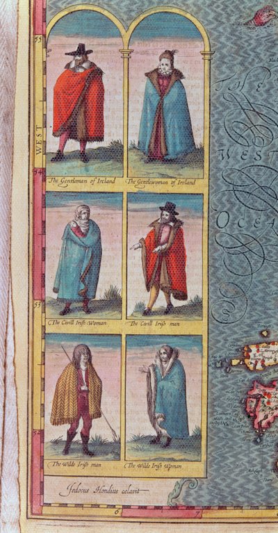 爱尔兰&39;类型&39;，来自爱尔兰王国的细节，由Jodocus Hondius（1563-1612）雕刻而成，来自“英国帝国剧院”，酒吧。作者：John Sudbury和George Humble，1610年（彩色en 作者 约翰·斯皮德