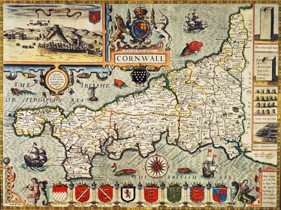 康沃尔郡的地图，来自&39;英国帝国剧院&39;，酒吧。在伦敦由George Humble，1627年版（手工彩色雕刻） 作者 John Speed