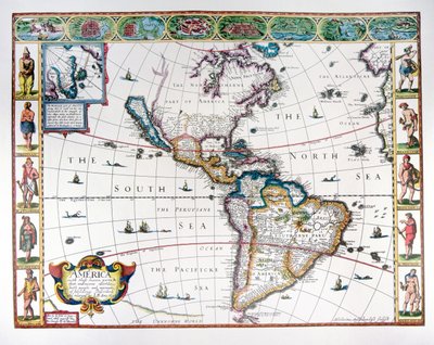 1626 年的西半球地图（彩色石版画） 作者 约翰·斯皮德