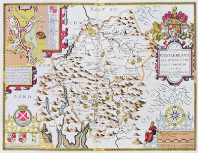 Westmorland的Countie，由Jodocus Hondius（1563-1612）雕刻，来自英国帝国的John Speeds剧院，酒吧。作者：John Sudbury和George Humble，1611-12（手工彩色铜版画 作者 约翰·斯皮德