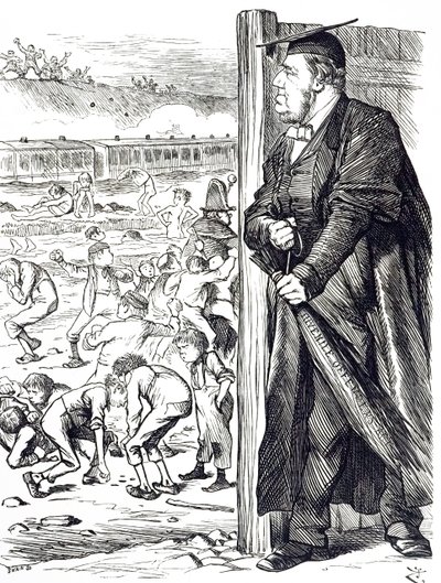 一幅描绘威廉·弗农·哈考特 (William Vernon Harcourt)（1827-1904 年）的漫画，当内政大臣建议引入桦树而不是拘留少年犯时。 由约翰·坦尼尔 (John Tenniel，1820-1914 年) 绘制，他是一位英国插画家、图形幽默家、 作者 约翰·坦尼尔