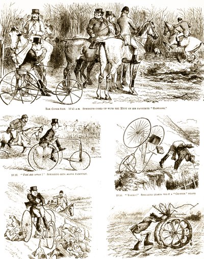 A cartoon depicting a man hunting on a tricycle. Illustrated by John Tenniel (1820-1914) an English illustrator, graphic humourist, and political cartoonist 作者 约翰·坦尼尔