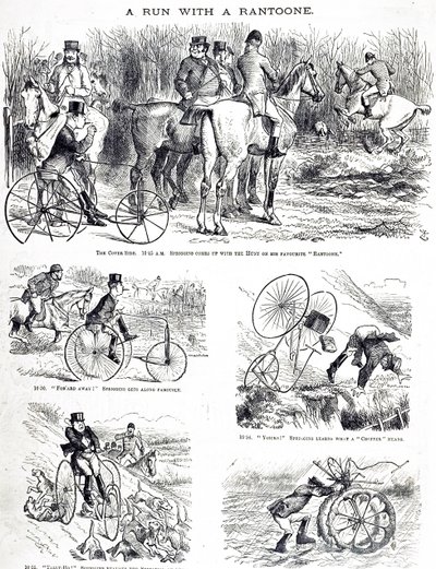 A cartoon depicting a man hunting on a tricycle. Illustrated by John Tenniel (1820-1914) an English illustrator, graphic humourist, and political cartoonist 作者 约翰·坦尼尔