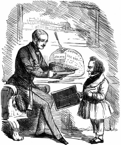Albert, Prince Consort of Queen Victoria, handing Joseph Paxton, designer of the Crystal Palace, a £20,000 slice of 