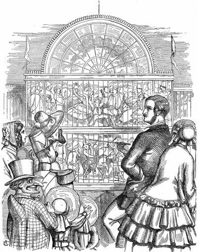 Albert, Prince Consort of Queen Victoria, showing off the Crystal Palace and the Great Exhibition in Hyde Park, London. John Tenniel cartoon from Punch London 1851. Wood engraving 作者 约翰·坦尼尔