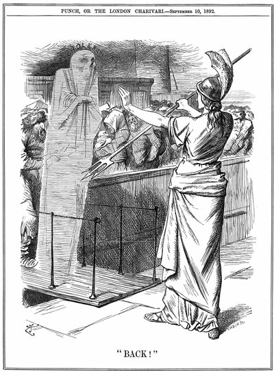 不列颠尼亚号在英国港口阻止霍乱。 1892 年爆发时，俄罗斯约有 260,000 人死亡，汉堡有 7,600 人死亡。 在英国，这种流行病被阻止了。 1892 年 9 月 10 日，来自伦敦拳馆的约翰·坦尼尔漫画。 作者 约翰·坦尼尔