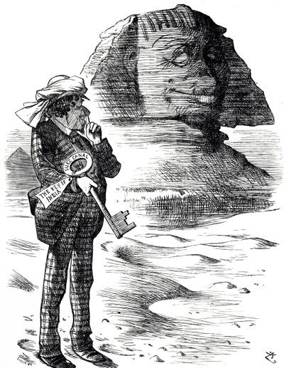Cartoon depicting Prime Minister Benjamin Disraeli holding the Suez Canal as the key to the British possession and influence in India 作者 约翰·坦尼尔