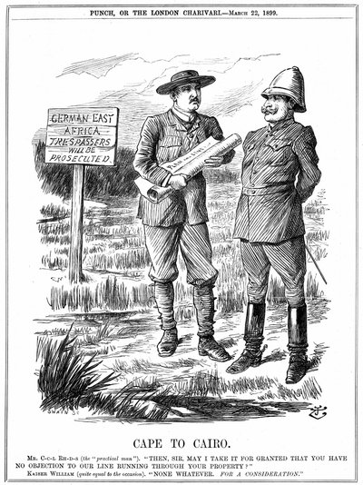 Cecil John Rhodes (1852-1902) English-born South African statesman, asking the German emperor for permission to run a telegraph line through German East Africa. Cape To Cairo, cartoon by John Tenniel from 