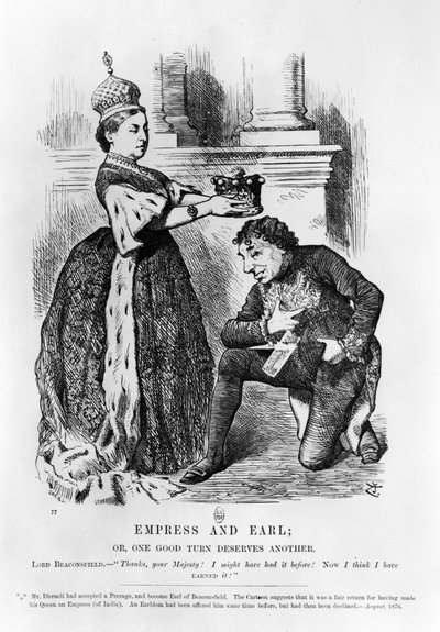 皇后和伯爵，或者，一个好的转机值得另一个，摘自1876年8月的 "Punch or the London Charivari"（雕刻）（黑白照片）。 作者 约翰·坦尼尔