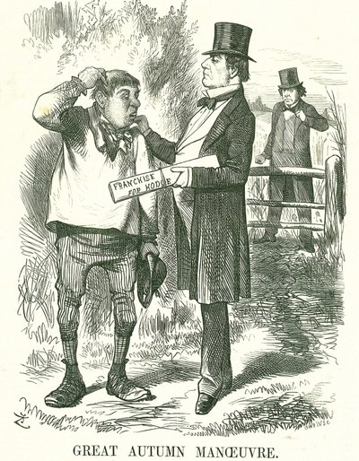 Great Autumn Manoeuvre: Gladstone thought that eventually the vote must be given to agricultural labourers (Hodge). At this time his premiership was shaky and Disraeli is waiting to take his place. John Tenniel cartoon from Punch, London, 9 August 1873. 作者 约翰·坦尼尔