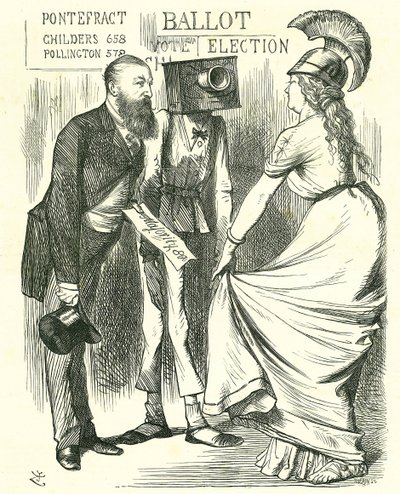 Hugh Childers (1827-1896) 英国议员，告诉不列颠尼亚新投票箱的成功。 1872 年 8 月 24 日，伦敦，《Punch》中的 John Tenniel 卡通。 作者 约翰·坦尼尔