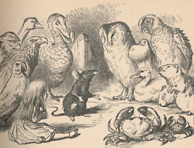 本章的插图是核心小组竞赛和长长的尾巴。爱丽丝和各种生物，例如 作者 约翰·坦尼尔