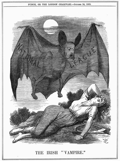Irish National League, with face of Charles Stewart Parnell (1846-1891), shown as a vampire preying on Ireland. John Tenniel cartoon from Punch London, 24 October 1885. Engraving 作者 约翰·坦尼尔