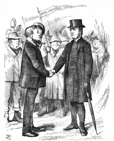 Joseph Arch (1826-1919) English trade unionist, politician and agricultural worker. Founder of National Union of Farm Labourers. Arch greeting the Bishop of Manchester who supported the Union in a letter to The Times. John Tenniel cartoon from Punch London 作者 约翰·坦尼尔