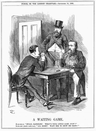 Lord Randolph Churchill (left) trying to make Charles Stewart Parnell, Irish politician, show his hand and let Churchill and Hartington know how he will use Parnellite votes he commands in House of Commons. John Tenniel cartoon from Punch 18 September 1886 作者 约翰·坦尼尔