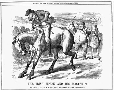 Mr Punch tells John Bull to ignore Charles Stewart Parnell (1846-1891), Irish politician, as he is sure to come a cropper riding the Irish horse. John Tenniel cartoon from Punch London 5 September 1885. Engraving 作者 约翰·坦尼尔