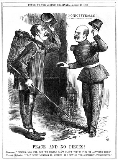 Napoleon III, French Emperor 1852-1870, dressed as a rag-picker (Chiffonnier), warned off by Otto von Bismarck, the Prussian Chancellor. Napoleon