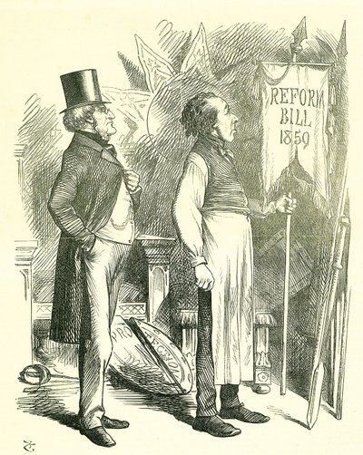 Political Economy: Reform of Parliament - extension of the franchise. Disraeli (Chancellor) and Derby (Prime Minister) dusting off the Reform Bill. In 1867 Disraeli introduced a new bill. John Tenniel cartoon from Punch, London 作者 约翰·坦尼尔
