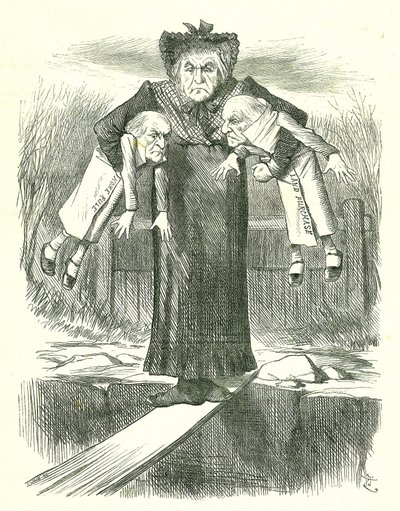 Set Down Two, and Carry One.?: Gladstone, the British Prime Minister, in a quandary over which of the controversial Irish bills to jettison. John Tenniel cartoon from Punch, London, 3 April 1886. 作者 约翰·坦尼尔