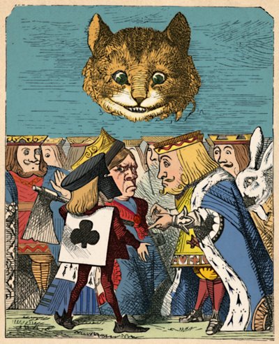 柴郡猫低头看着红国王和王后吵架，1889年 作者 约翰·坦尼尔