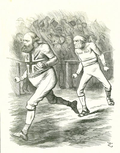 The Finish: General Election 1886. Gladstone (Liberal) went to the country over his Home Rule for Ireland bill. Salisbury (Conservative opposition) beats Gladstone to the finishing line . John Tenniel cartoon from Punch, London 作者 约翰·坦尼尔