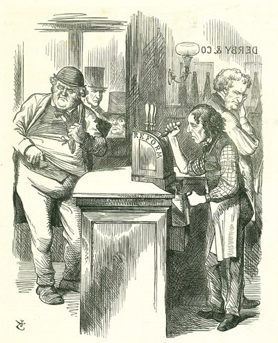 The Honest Pot Boy: Reform of Parliament - extension of the franchise. Disraeli serving up Reform to John Bull watched by his parliamentary opposition. He introduced and carried his Reform Bill. Tenniel cartoon from Punch, London 作者 约翰·坦尼尔