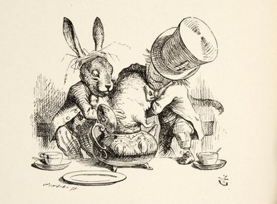 Mad Hatter和March Hare把睡鼠放在茶壶里，来自Alices Adventures in Wonderland的Lewis Carroll（1832  -  98），酒吧。 1891年 作者 约翰·坦尼尔