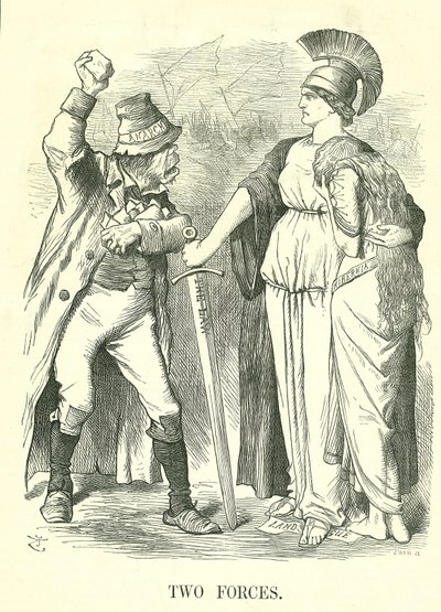 Two Forces: Irish Land League outlawed. Britannia protects Hibernia (Ireland) with the Force of Law against the Force of Anarchy. John Tenniel cartoon from Punch, London, 29 October 1881. 作者 约翰·坦尼尔