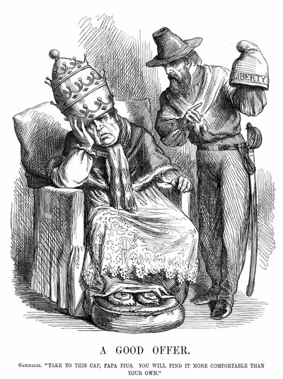 Unification of Italy: Giuseppe Garibaldi (180718-82) trying to persuade Pope Pius IX that the Cap of Liberty would be far more comfortable than the Papal crown. John Tenniel cartoon from Punch, London, 29 September 1860. Wood engraving. 作者 约翰·坦尼尔