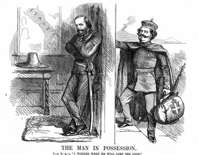 Unification of Italy: Victor Emmanuel II (1820-1878), first king of Italy from February 1861, knocking on the door of Naples which Garibaldi (1807-1882) with his Red Shirts has conquered on behalf of the new Kingdom of Italy. John Tenniel cartoon from Punc 作者 约翰·坦尼尔