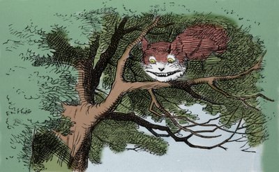细节：爱丽丝和猫，约翰·坦尼尔爵士为英国作家刘易斯·卡罗尔（查尔斯·路特维奇·道奇森）（Charles Lutwidge Dodgson）（1832-1898 年）的故事《爱丽丝梦游仙境》第一版绘制的插图。 作者 约翰·坦尼尔