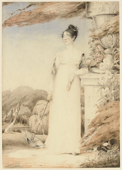 安·迈尔斯（Ann Miles）和后来的约翰·塞尔·科特曼（John Sell Cotman）夫人的画像，全长，右手拿着阳伞，左臂放在基座上，1805年 作者 约翰·瑟特尔