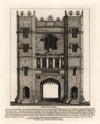 纽盖特，在 1672 年伦敦大火后重建，在前伦敦市长理查德·威廷顿 (Richard Wittington) 建造的大门上有正义、坚韧和审慎三个人物 作者 约翰·托马斯·史密斯