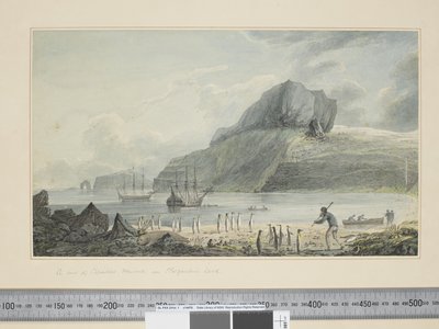 F.1 凯尔盖朗土地上的圣诞港景色，约 1773-84 年（水彩和印刷版画） 作者 约翰·韦伯