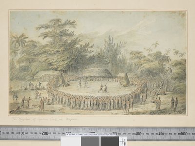 F.4 库克船长在哈帕伊的接待，约1773-84年（水彩和版画）。 作者 约翰·韦伯