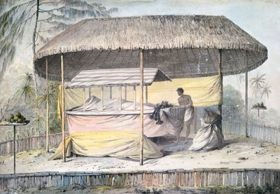 大溪地，社会群岛，约翰-韦伯（1750-1793）的水彩画，来自詹姆斯-库克船长最后一次航行（1776-1779）的描述，波利尼西亚。 作者 约翰·韦伯