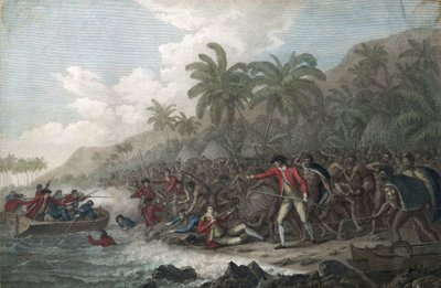Le capitaine James Cook (1728-1779, explorateur britannique) tue par les indigenes hawaiens, dans la baie Kealakekua, sur les iles Sandwich (Polynesie), en 1779 - The Death of Captain James Cook on February 14 作者 约翰·韦伯