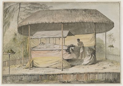 奥海特佩哈酋长瓦海杜阿 (Waheiadooa) 躺在床上，由库克船长在 1777 年 8 月 19 日访问塔希提岛时记录下来。葬礼舞台上支撑着裹尸布的尸体和一名侍从。 它们被草顶遮阳篷所遮蔽，周围环绕着低矮的屋顶。 作者 约翰·韦伯