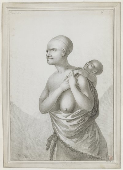 [整幅画] 一名塔斯马尼亚妇女背着一个孩子，左肩上挂着一张皮，挂在腰间。1777 年 1 月 作者 约翰·韦伯