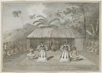 [全图] Otaheite [塔希提岛] 的舞蹈或heiva。两个男人和两个女人在跳舞，后面有鼓手，两边都有观众。 1777 年 9 月 作者 约翰·韦伯
