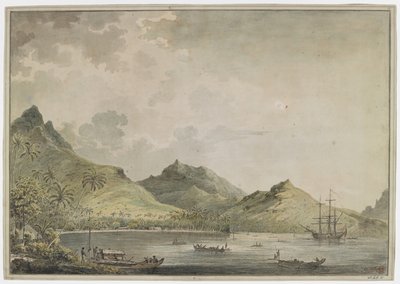 [全图]。 胡阿希内岛港口 [Fare Harbour] 的景色。 背景是高峰山脉，包括图里山。 海湾里停泊着“Resolution”号和许多本土船只，岸上一群当地人正在照管一艘带有甲板室的双独木舟 作者 约翰·韦伯